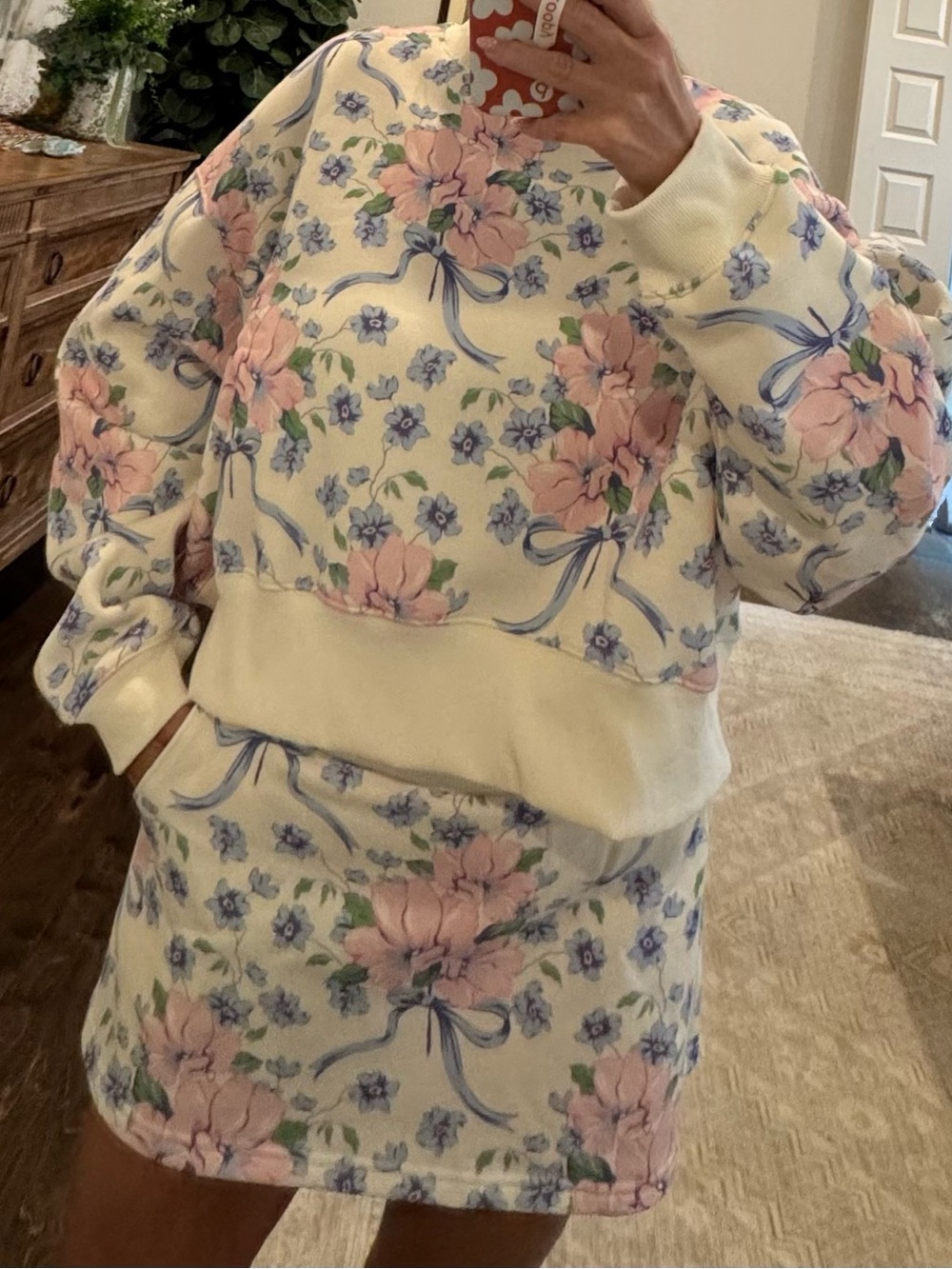 Cream Floral Crewneck Sweater with Pink Blooms